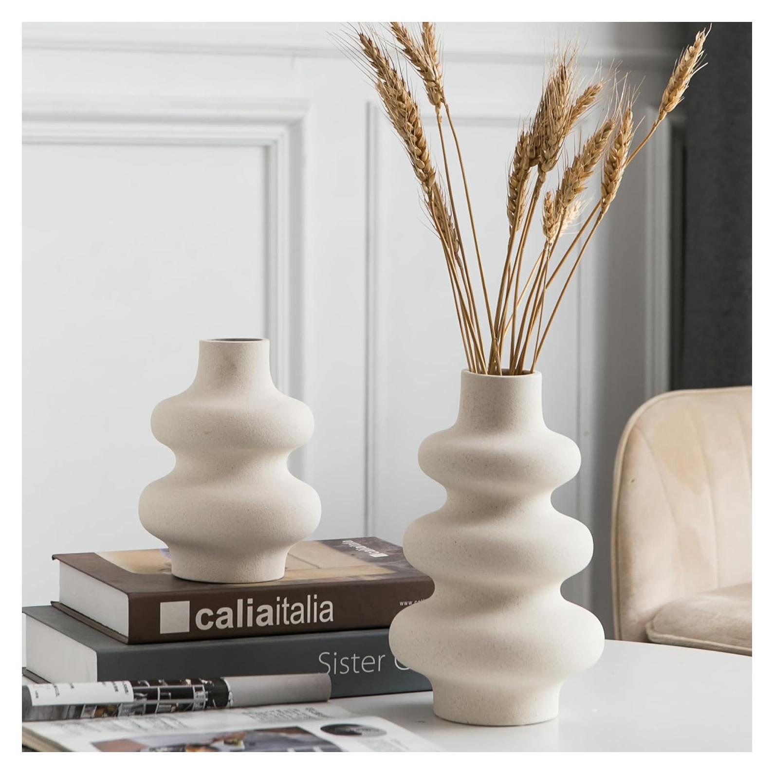 Juego de Jarrones de Cerámica Mowtanco 2 Pcs Boho Blanco Roto