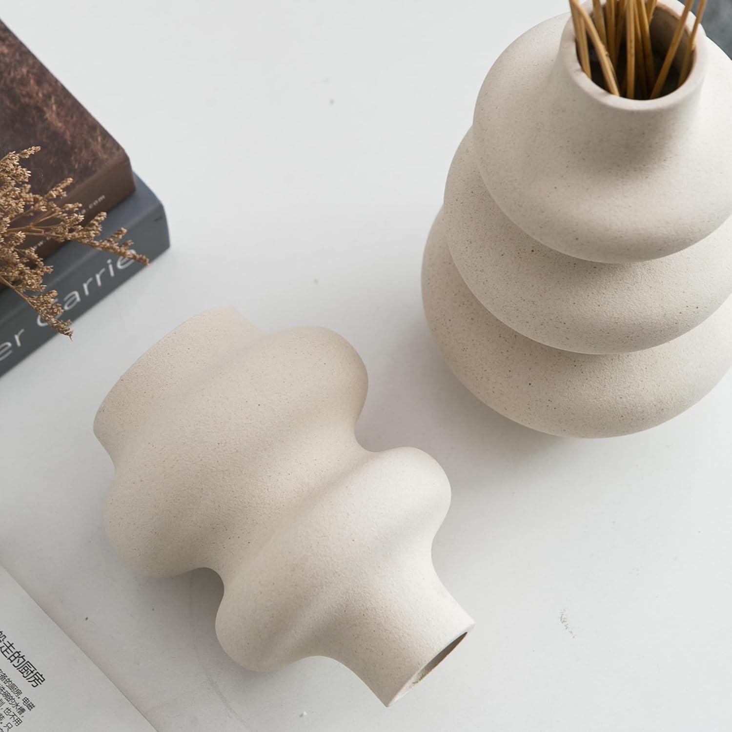 Juego de Jarrones de Cerámica Mowtanco 2 Pcs Boho Blanco Roto