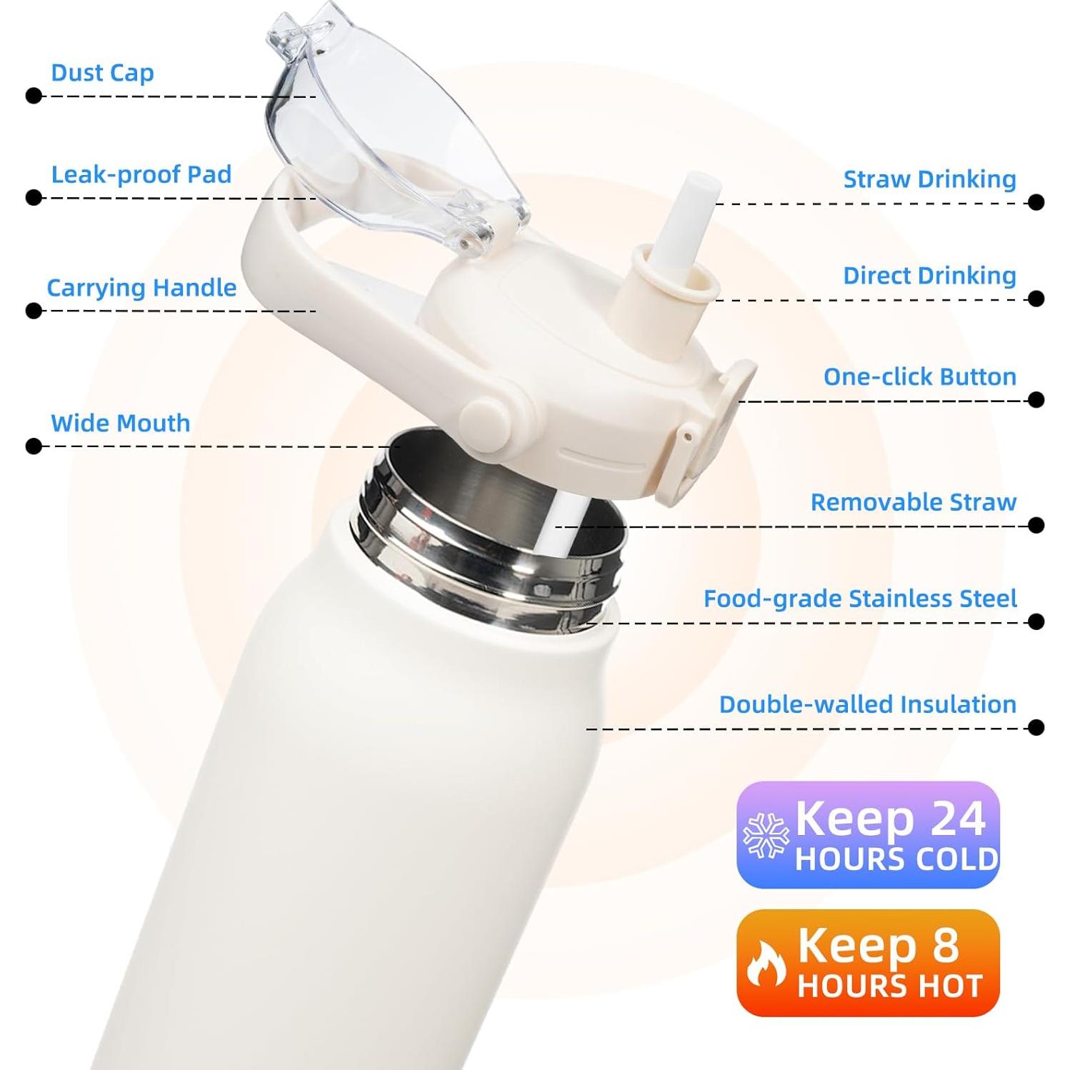 Botella de Agua Aislada BJPKPK 1.3 L con Pajilla Blanco