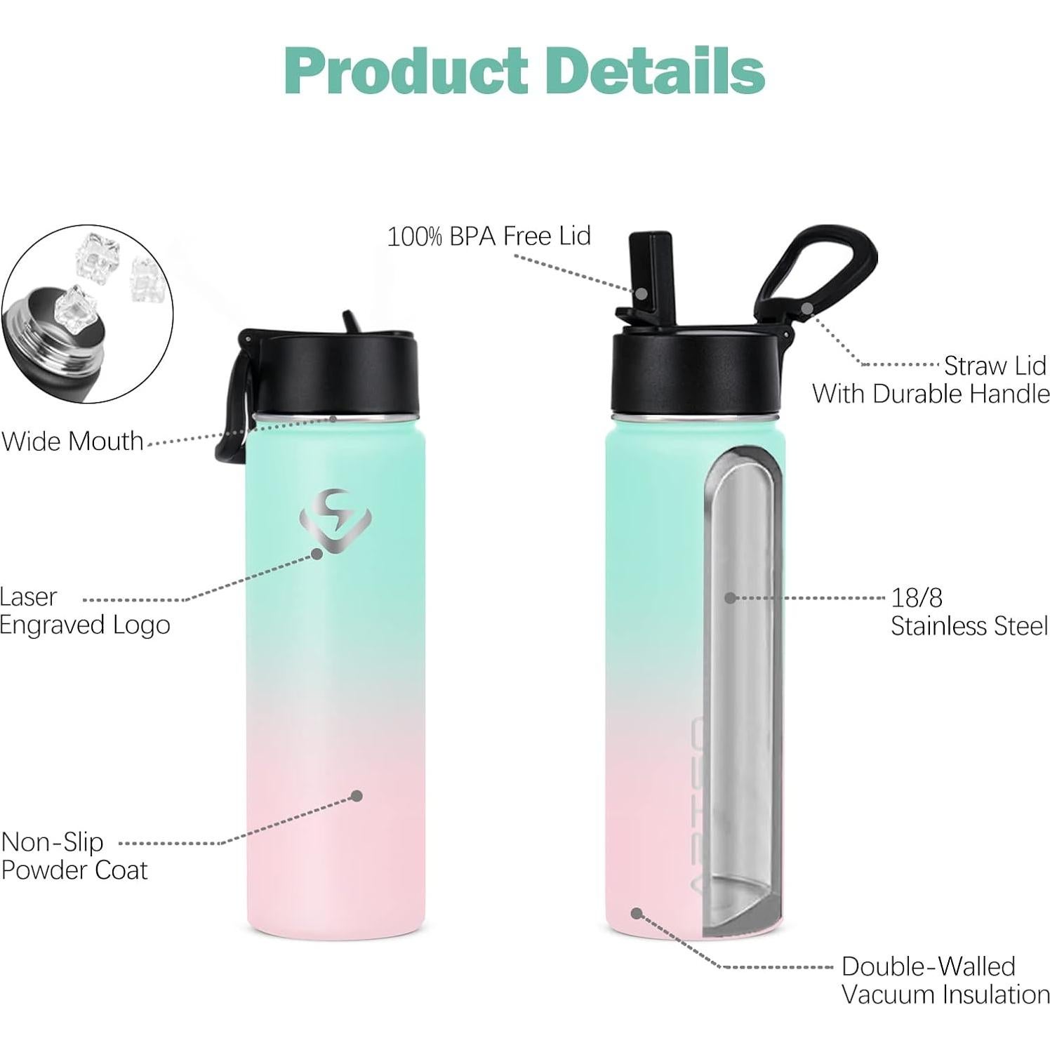 Botella de Agua Aislada ArtSo 750ml Verde/Rosa Doble Pared