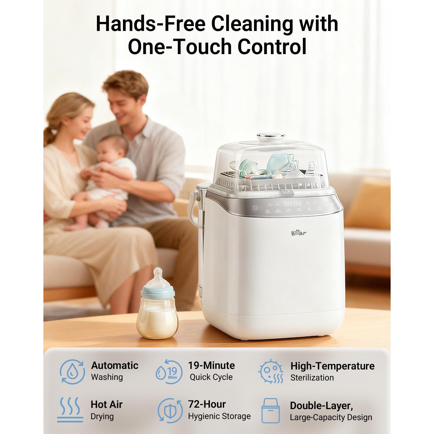 Lavadora de Biberones Bear Pro QXJ-C05F3 - 4 en 1 con 90 Tabletas