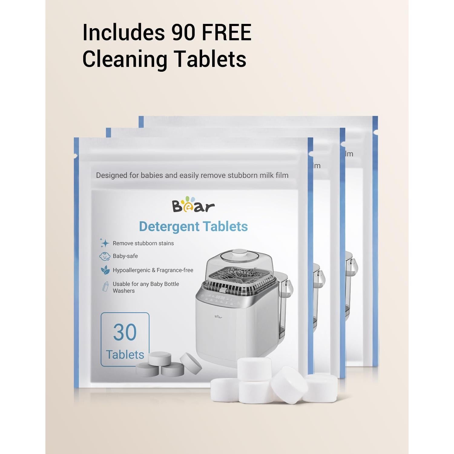 Lavadora de Biberones Bear Pro QXJ-C05F3 - 4 en 1 con 90 Tabletas