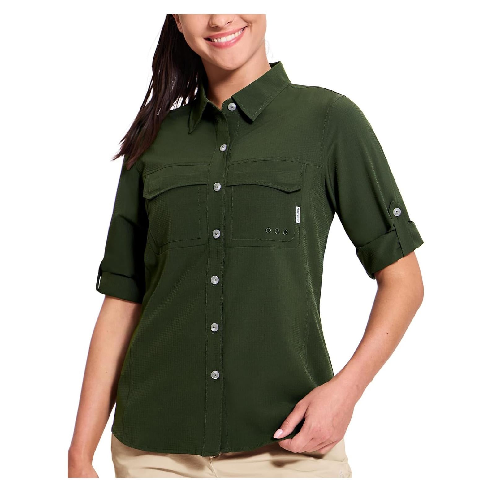 Haimont Women's Travel Hiking Fishing Button Down Shirt, UPF 50+ UV Long Sleeve Sun Shirts for Outdoor Camping Sailing