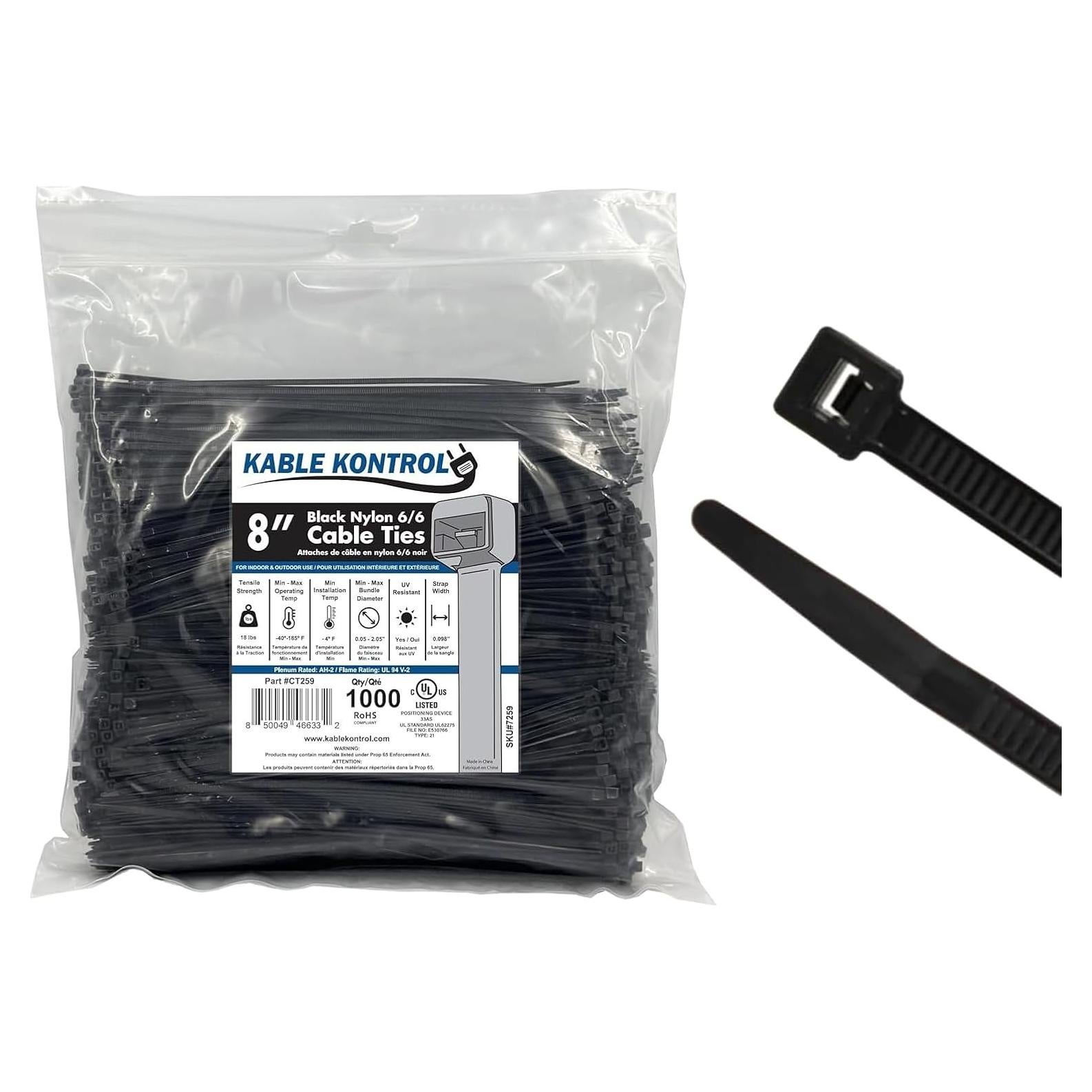 Bridas Kable Kontrol 1000 Pcs 20 cm Negro 8,16 kg Tensión