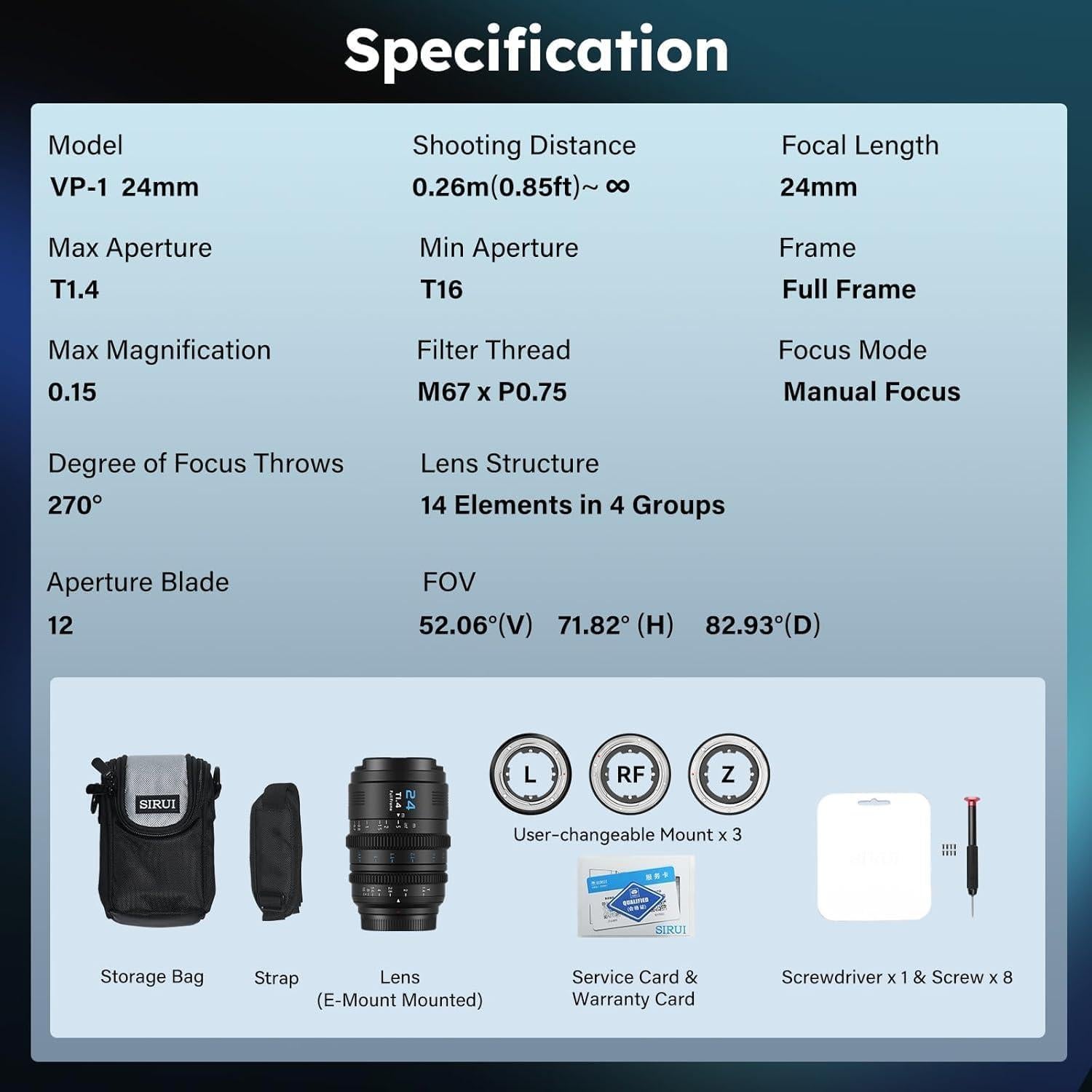 Lente Cine SIRUI VP-1 24mm T1.4 Full Frame Montura E