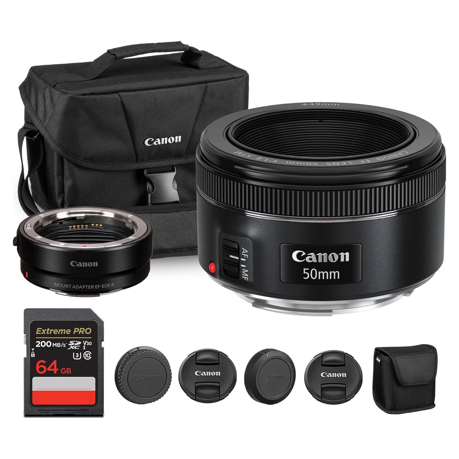 Lente Canon EF 50mm f/1.8 STM + Adaptador + Bolsa + Tarjeta 64GB