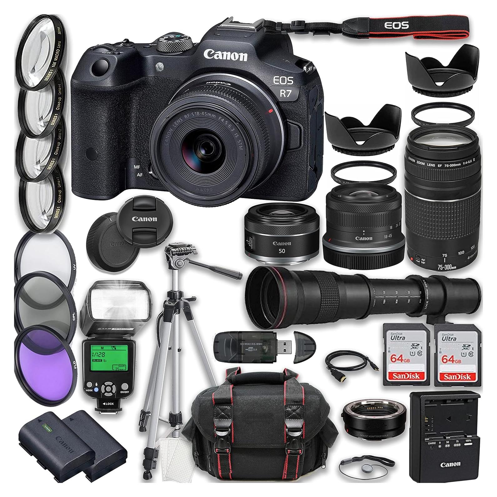 Cámara Sin Espejo Canon EOS R7 + Lentes 18-45mm, 75-300mm, 50mm