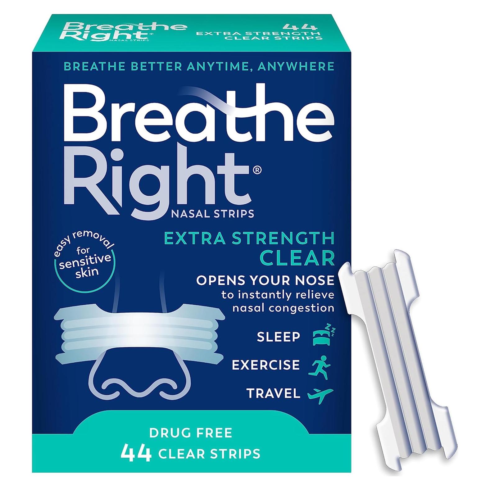 Tiras Nasales Breathe Right | Fuerza Extra | Transparente | 44 Piezas