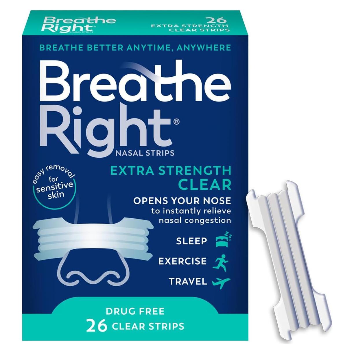Tiras Nasales Breathe Right Fuerza Extra Transparentes 26 Unid