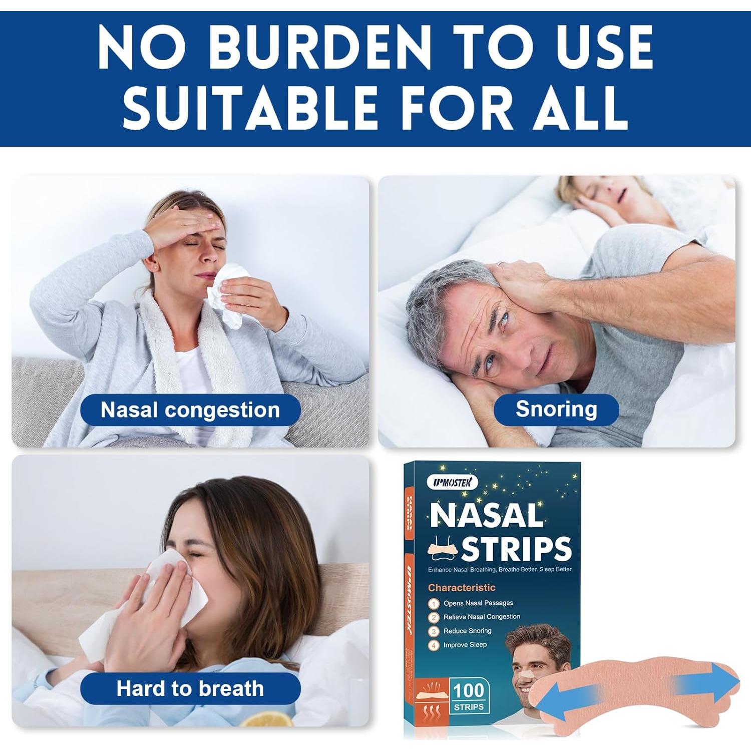 100 Tiras Nasales UPMOSTEK para Ronquidos y Congestión