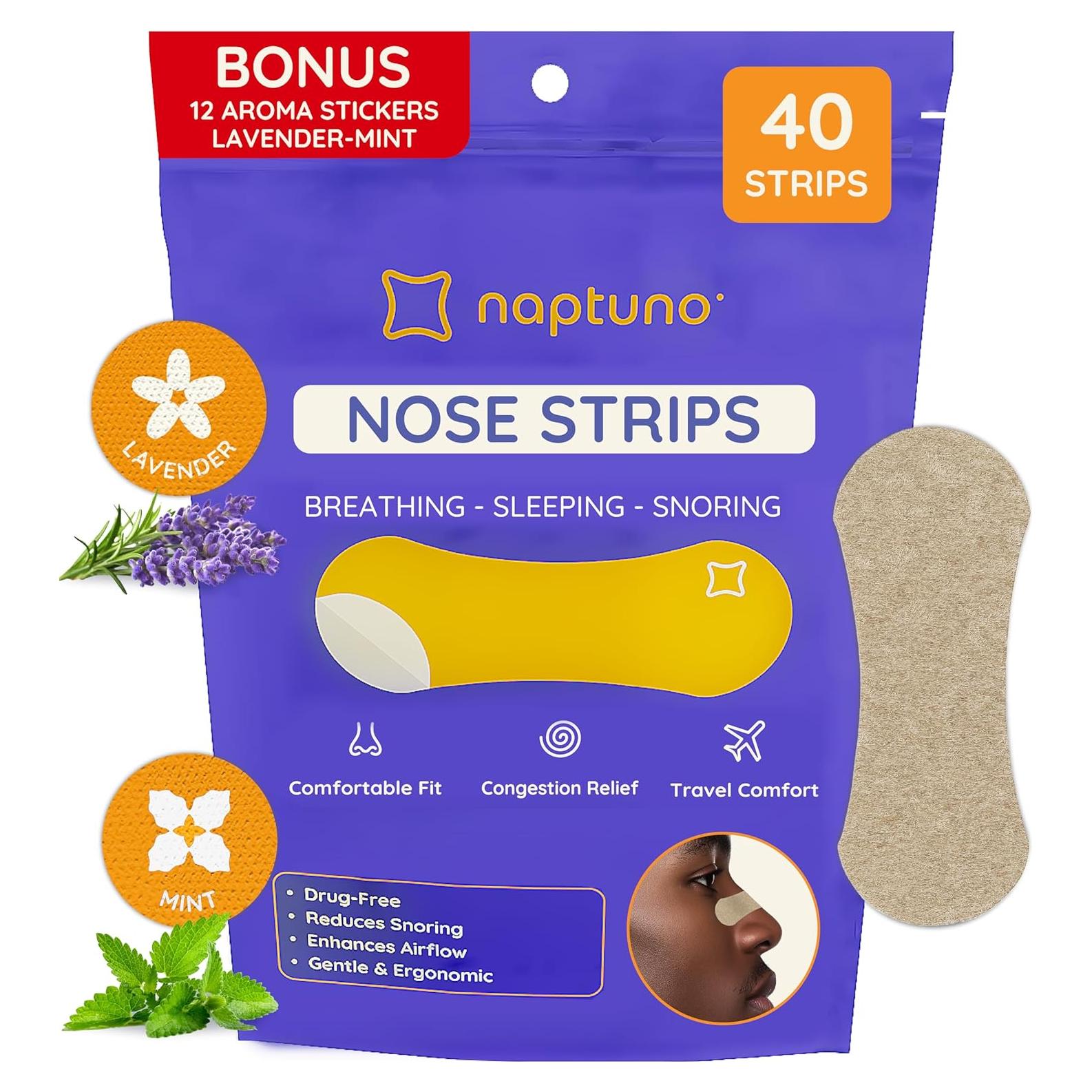Tiras Nasales Naptuno 40 Unidades para Ronquidos y Congestión
