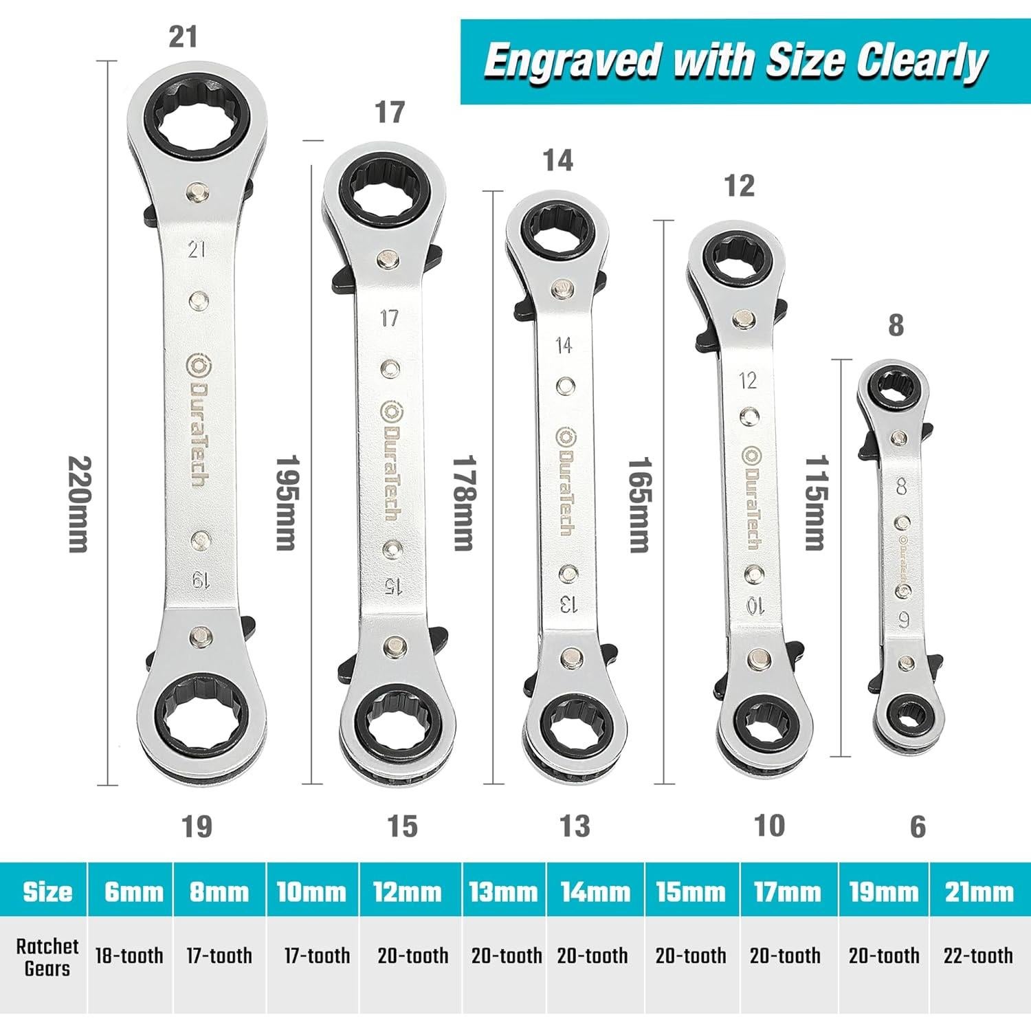 Juego de 5 Llaves de Carraca Reversibles DURATECH 6-21 mm