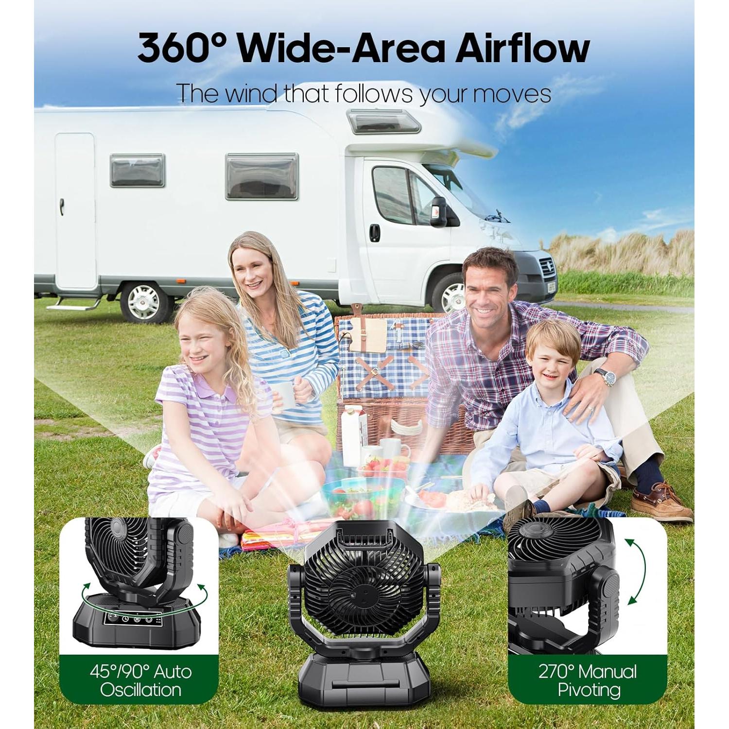 Ventilador Portátil HAWANA 20000mAh Camping Oscilante 360°