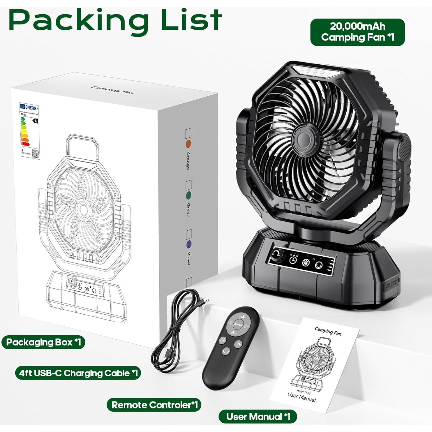 Ventilador Portátil HAWANA 20000mAh Camping Oscilante 360°