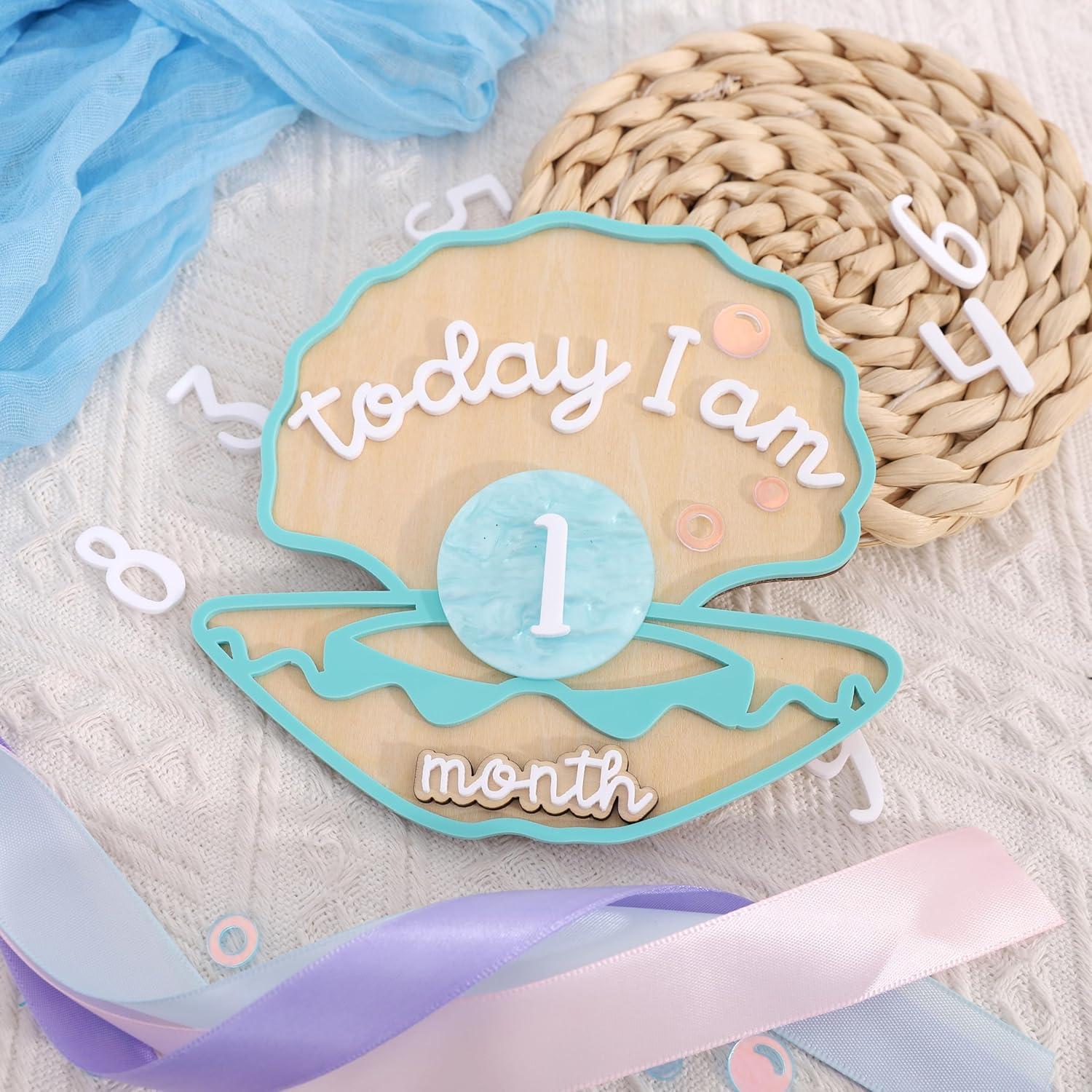 Tarjetas de Hitos Mensuales de Madera Sirena Verde 1-12 Meses