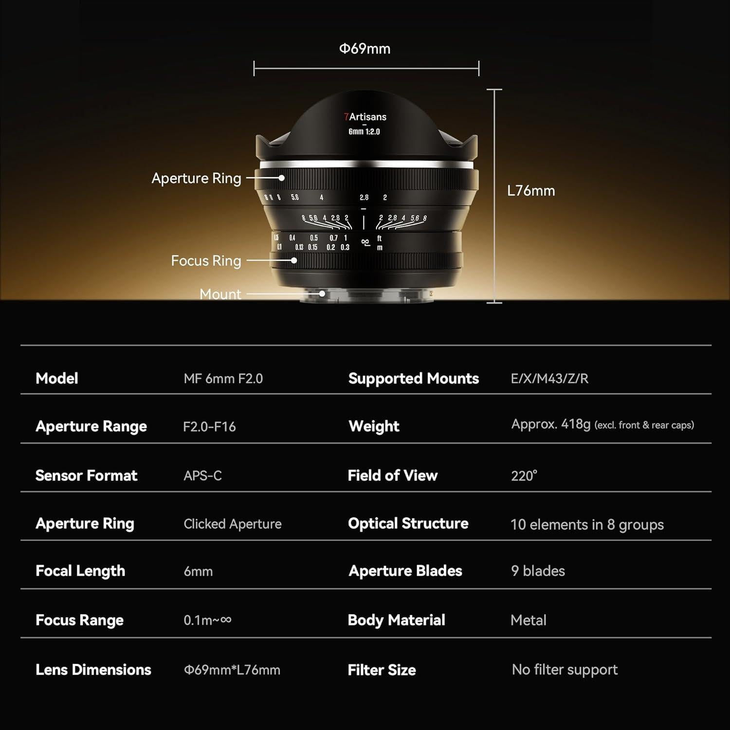 Lente Ojo de Pez 7artisans 6mm F2.0 para M4/3 Olympus/Panasonic