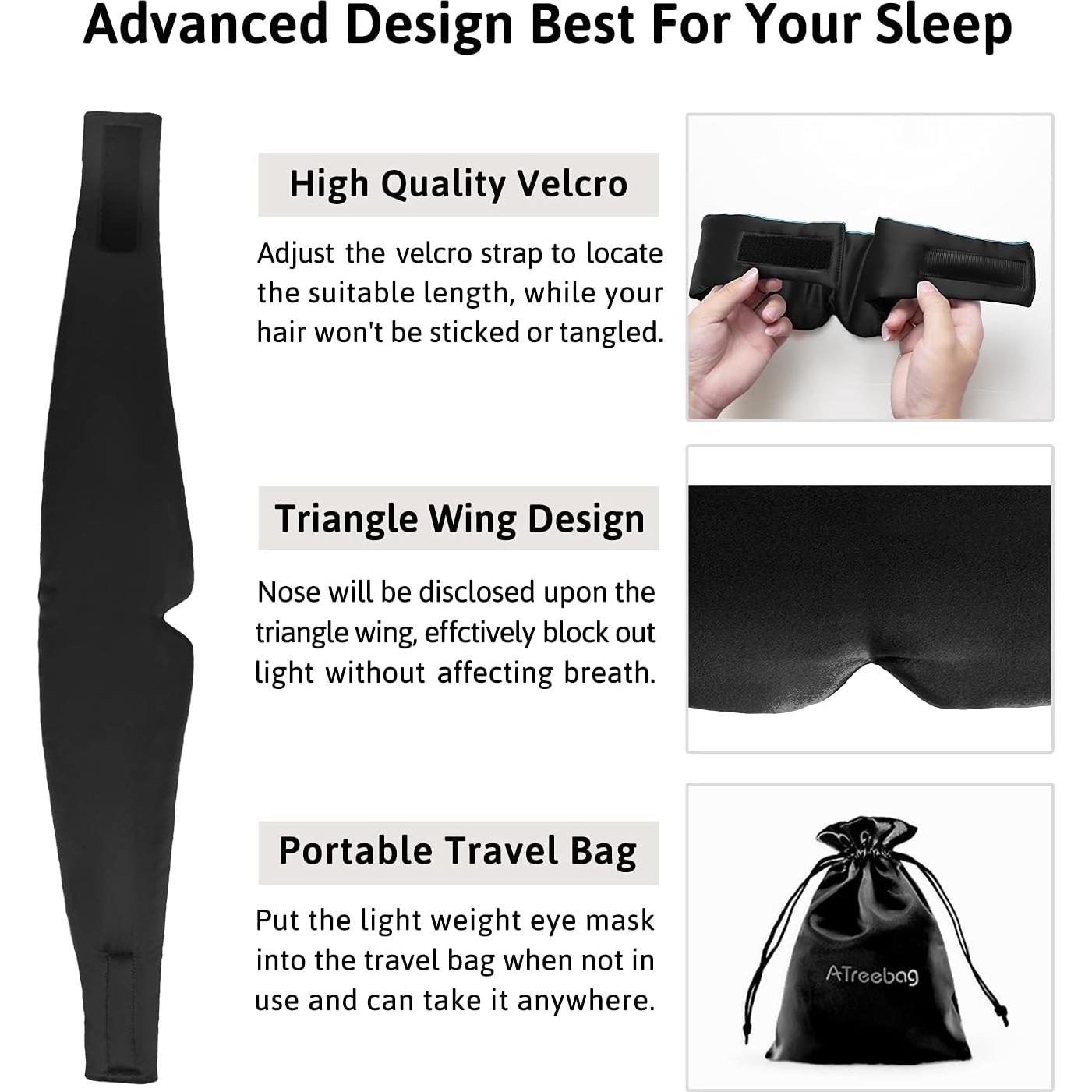 Máscara de Sueño de Seda ATreebag Grande Ajustable Negra