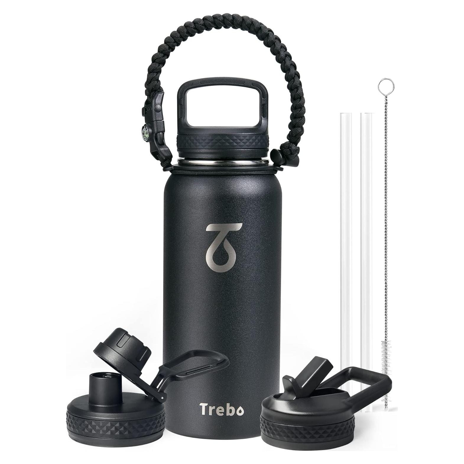 Botella de Agua Trebo 0.95L Aislada con 3 Tapas, Negra