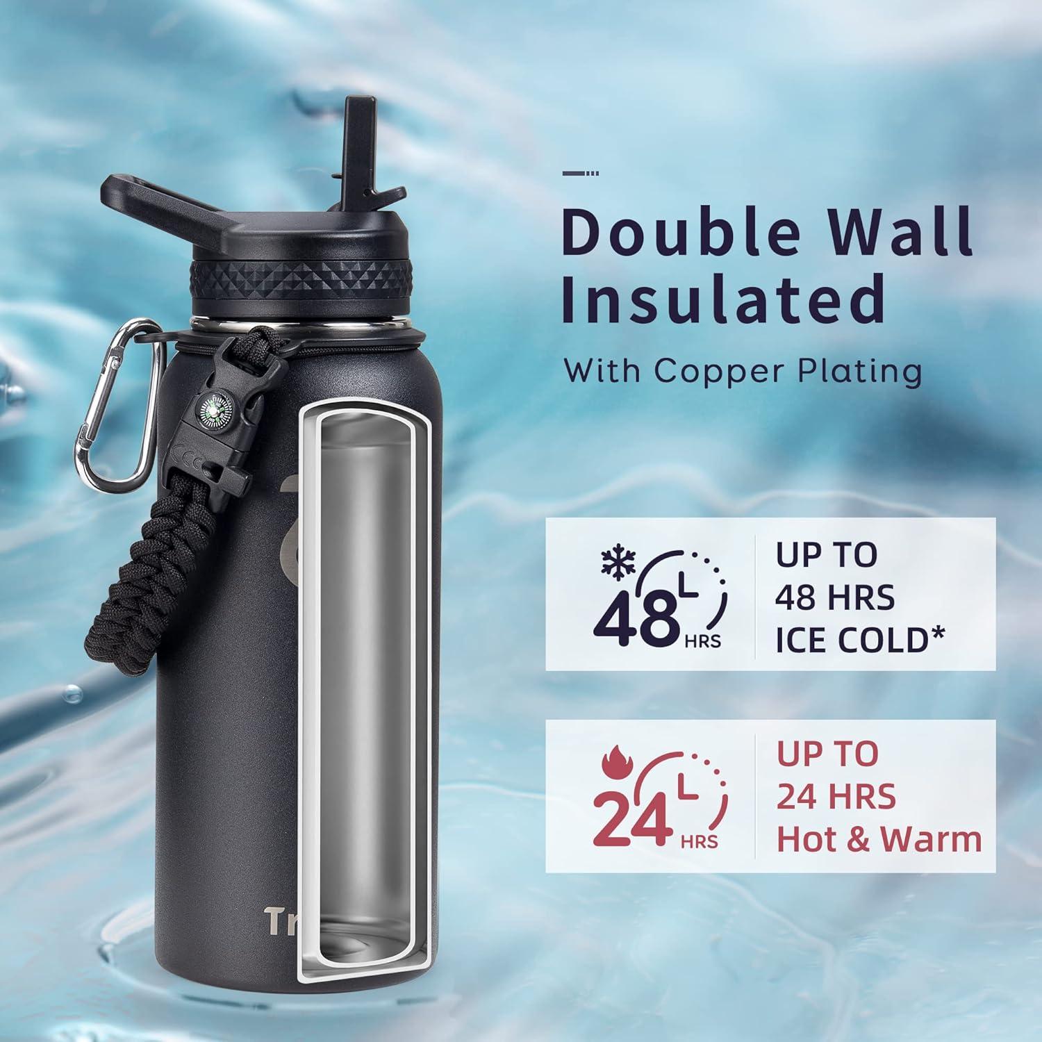 Botella de Agua Trebo 0.95L Aislada con 3 Tapas, Negra