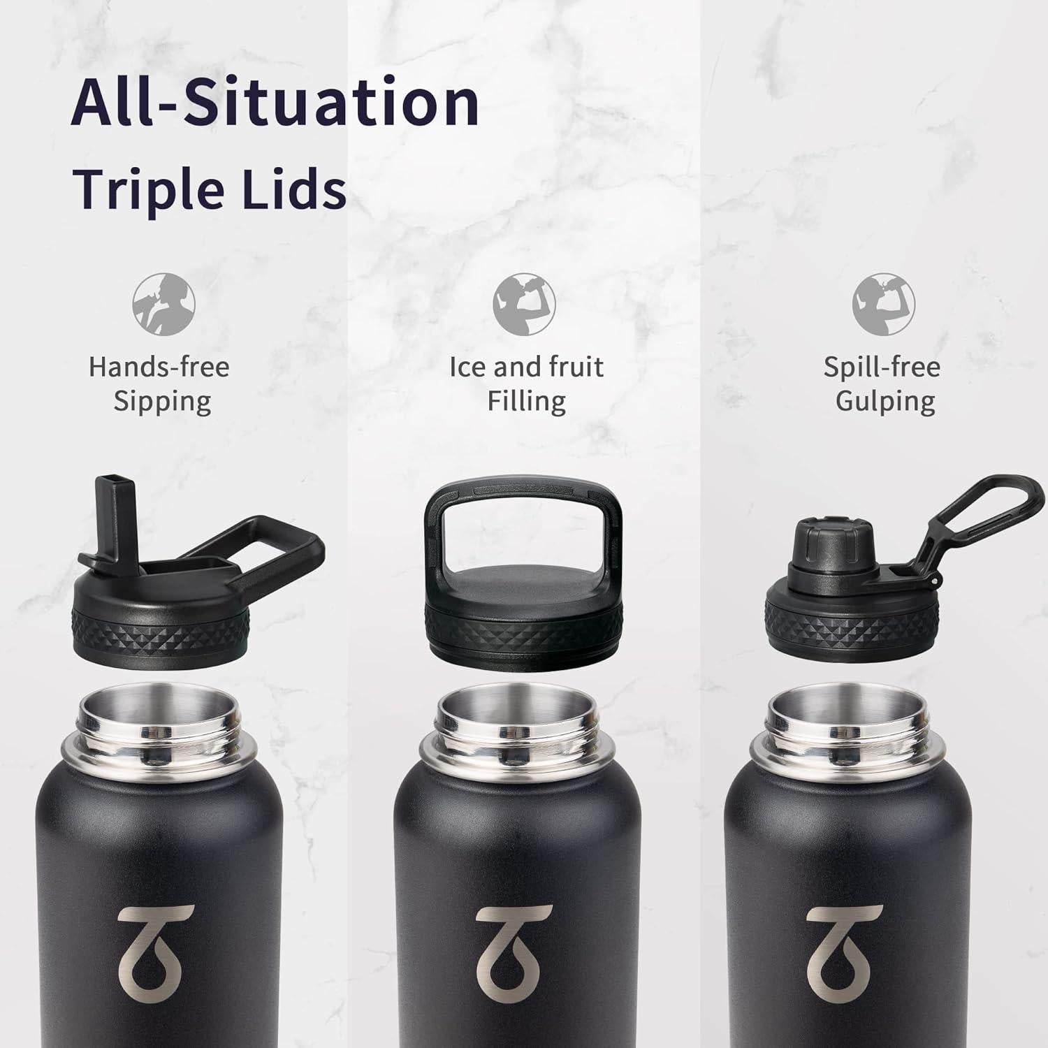 Botella de Agua Trebo 0.95L Aislada con 3 Tapas, Negra