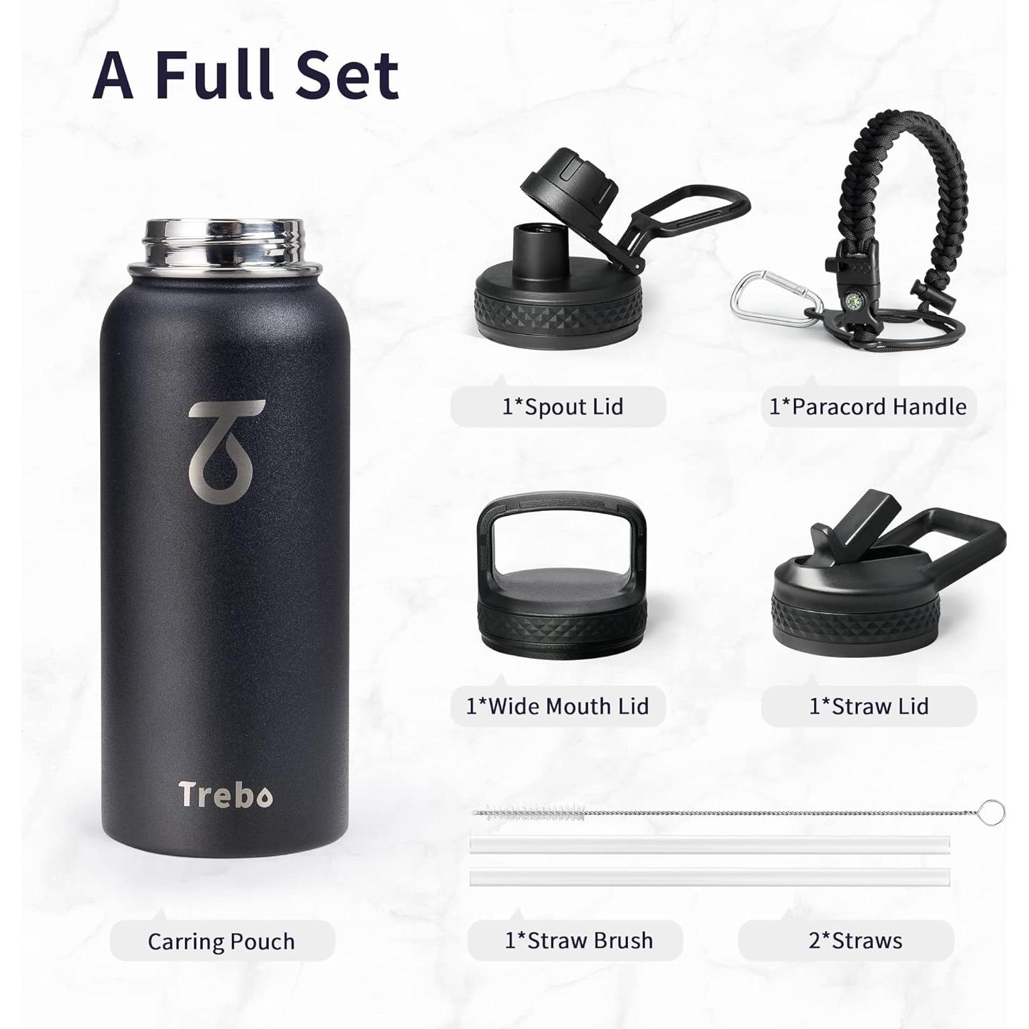 Botella de Agua Trebo 0.95L Aislada con 3 Tapas, Negra