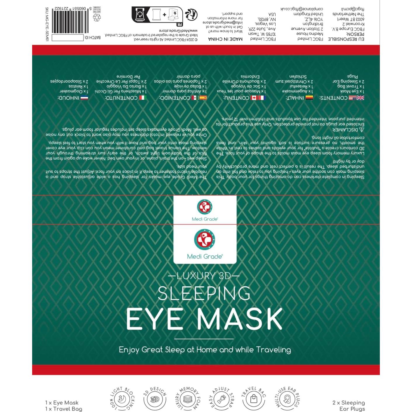 Máscara de Sueño Medi Grade 3D con Tapones y Bolsa de Viaje