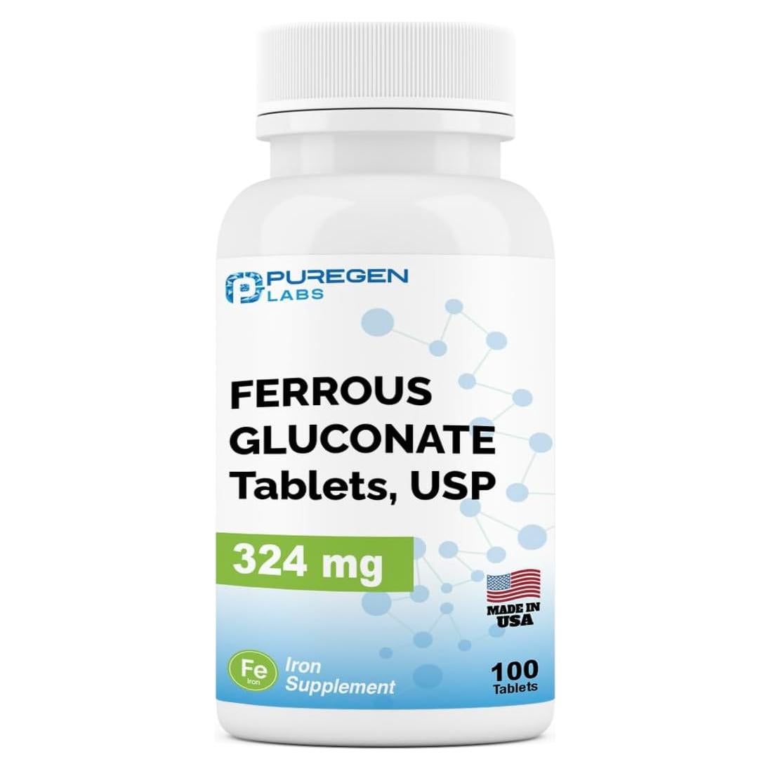 Suplemento de Hierro Gluconato 324 mg P Puregen Labs - 100 Tabletas