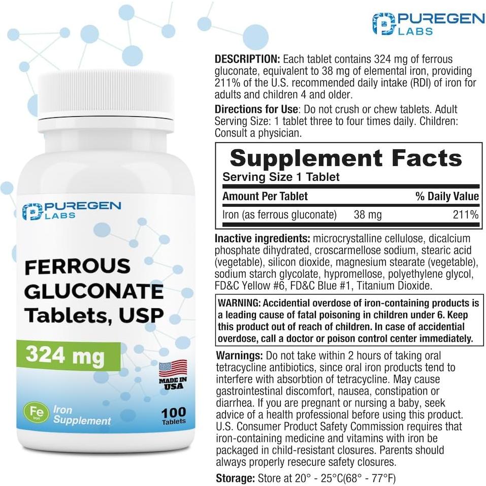Suplemento de Hierro Gluconato 324 mg P Puregen Labs - 100 Tabletas