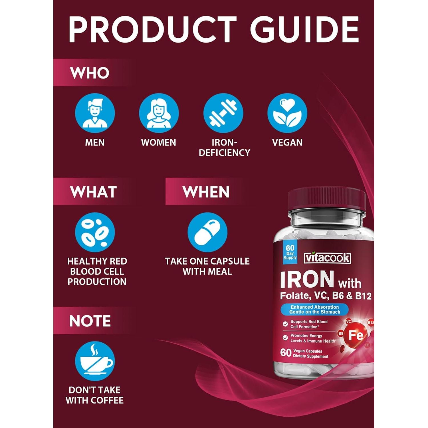 Suplemento de Hierro Vitacook 60 Cápsulas Veganas con Vitamina C