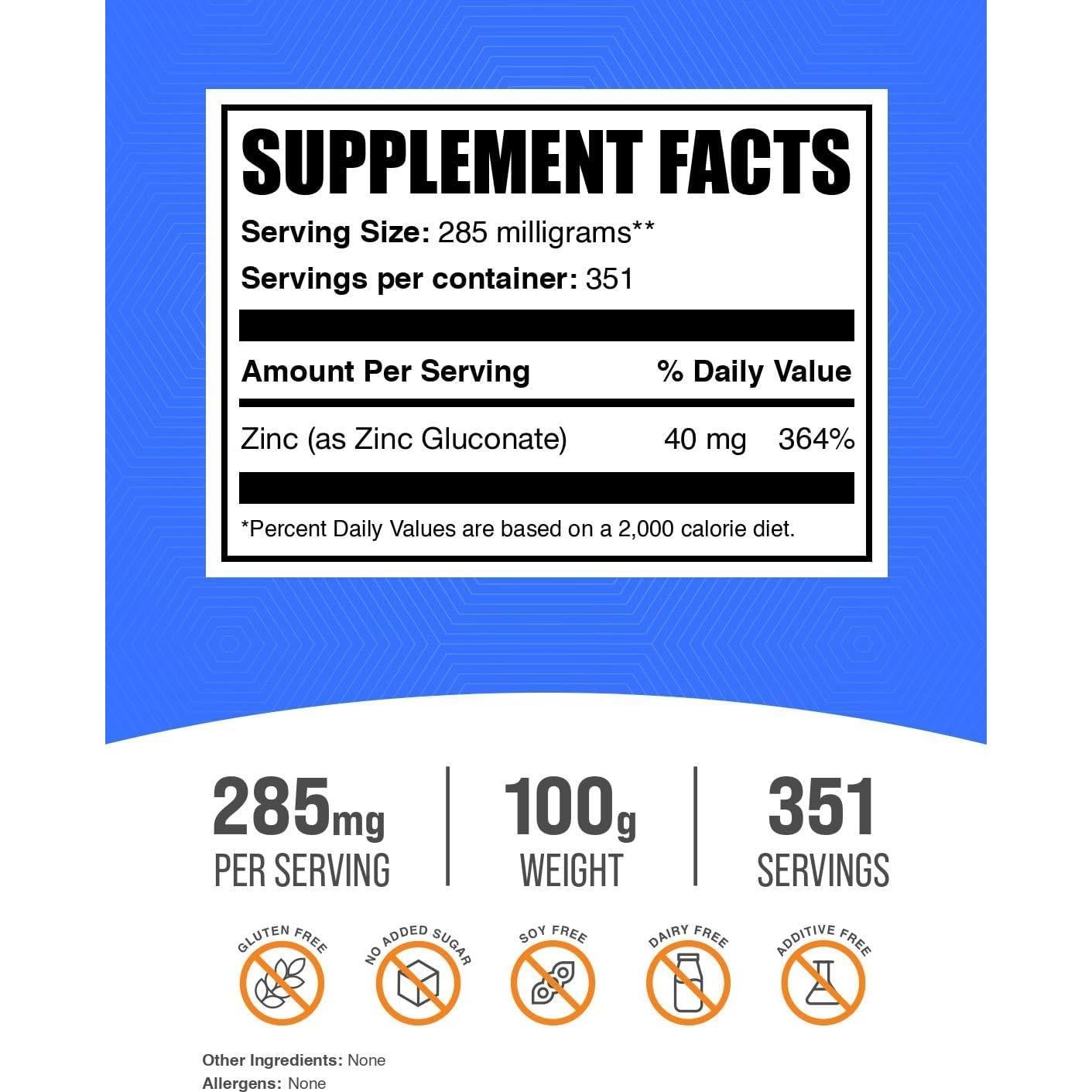 Polvo de Gluconato de Zinc BulkSupplements 40mg 100g