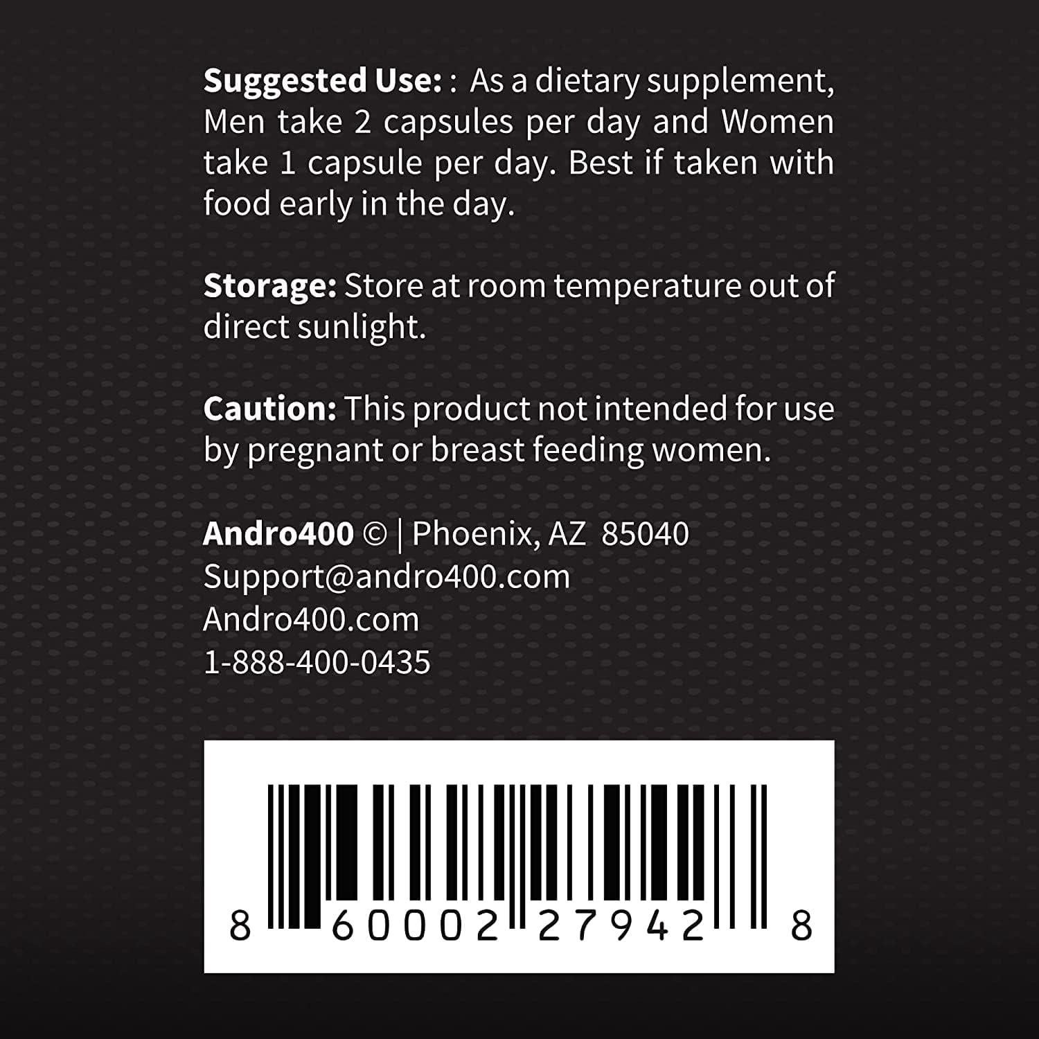 Suplemento Aumentador de Testosterona Andro400 Max 60 Cápsulas