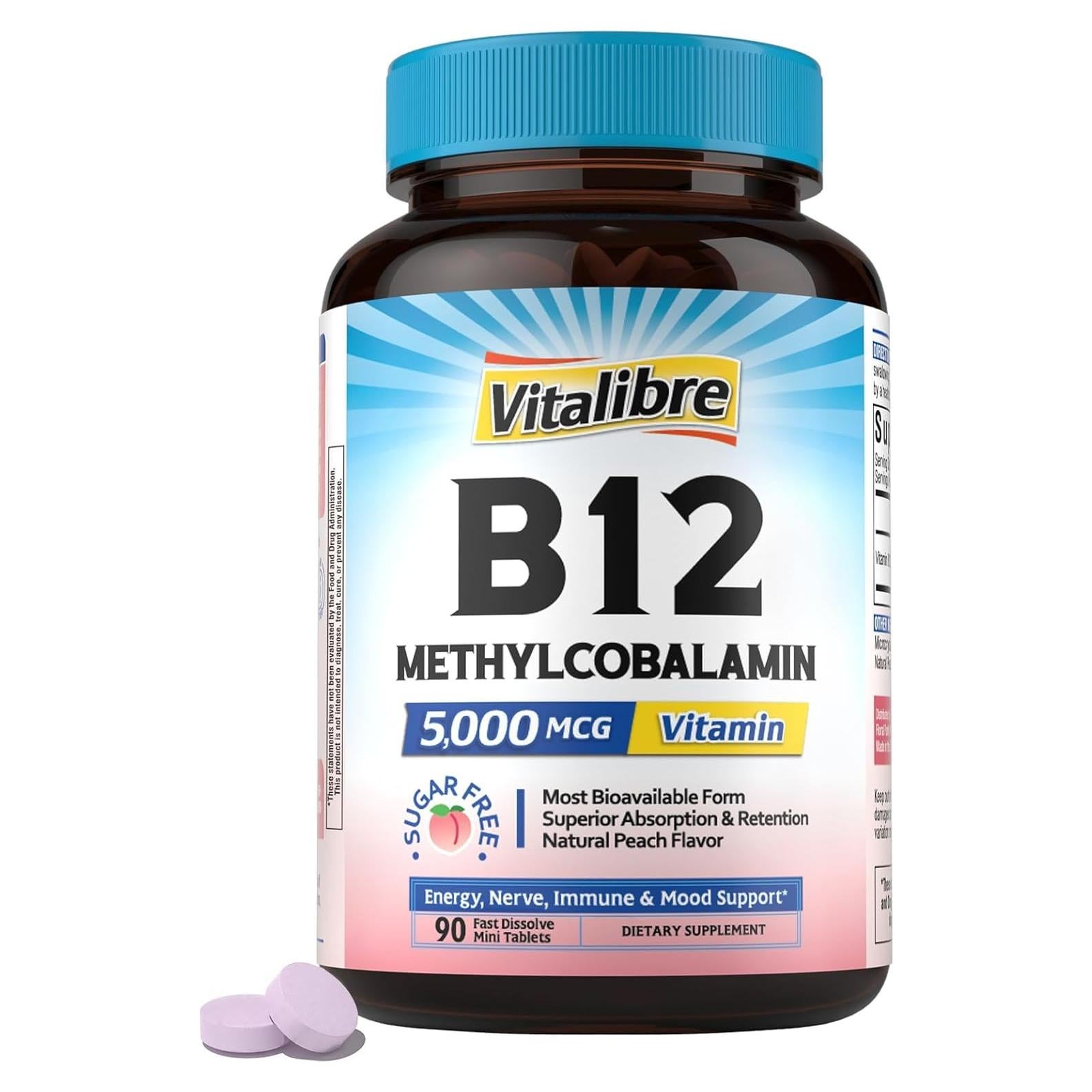 Vitamina B12 Sublingual 5000 mcg Vitalibre Vegana Durazno 90 Tabletas