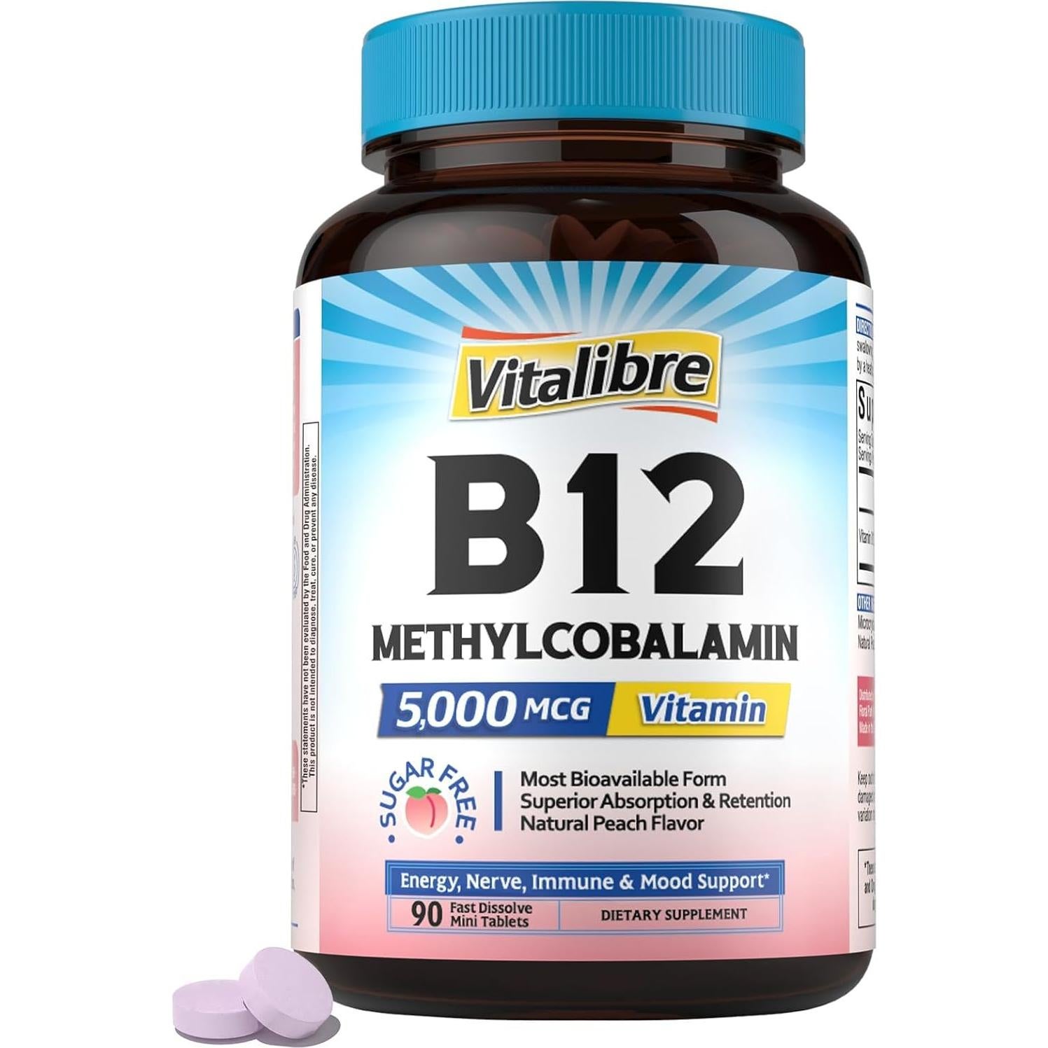 Vitamina B12 Sublingual 5000 mcg Vitalibre Vegana Durazno 90 Tabletas