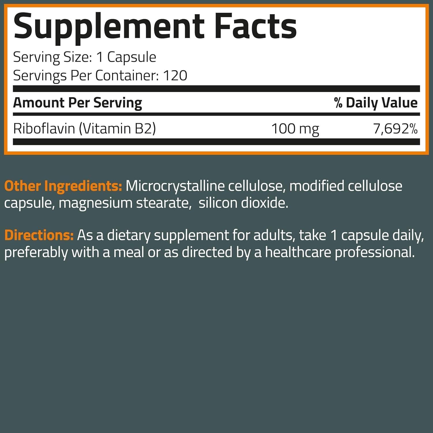 Vitamina B2 Bronson 100mg 120 Cápsulas Vegetarianas