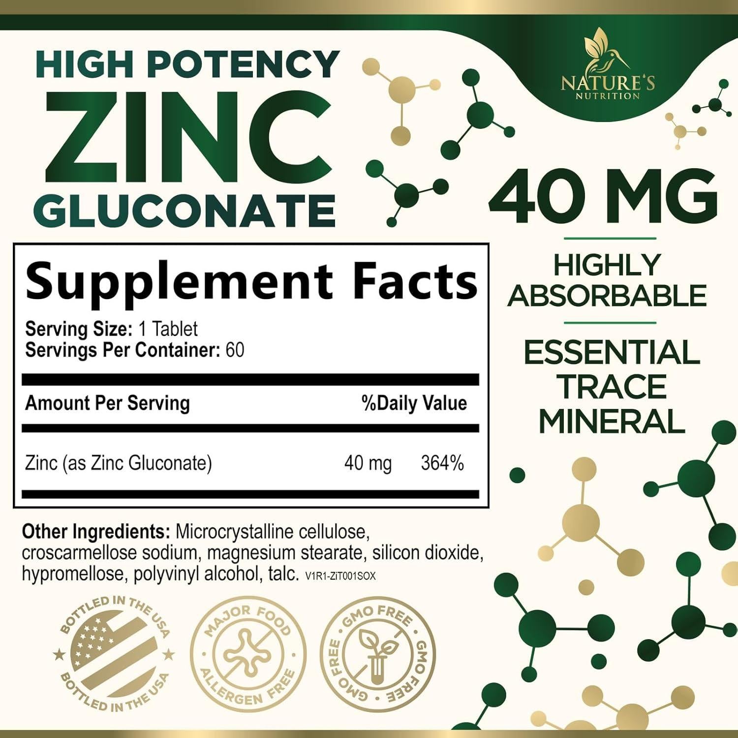 Suplemento de Zinc 40mg Nutrición de la Naturaleza - 60 Tabletas Veganas