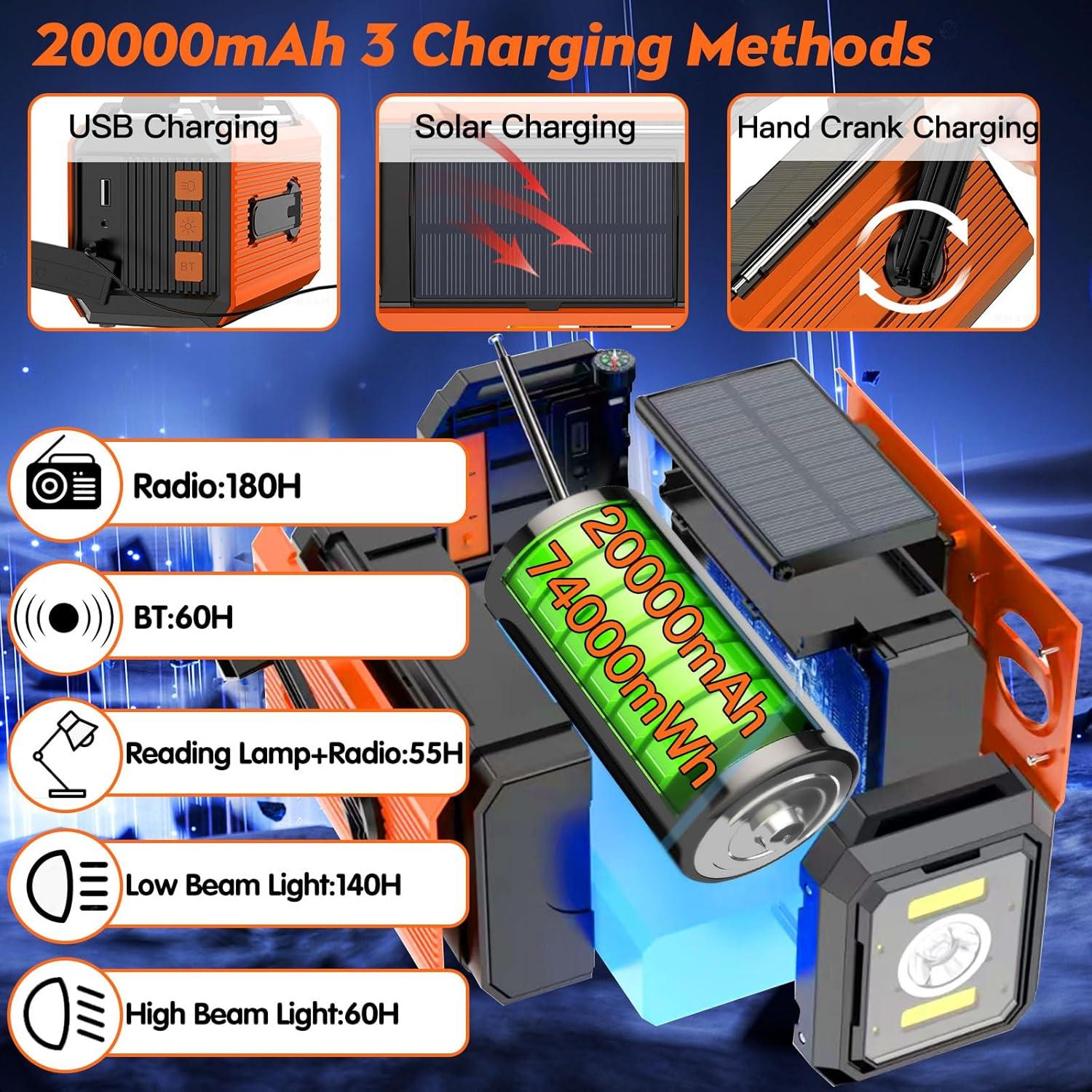 Radio de Emergencia Solar 20000mAh NOAA AM/FM - Cargador Portátil