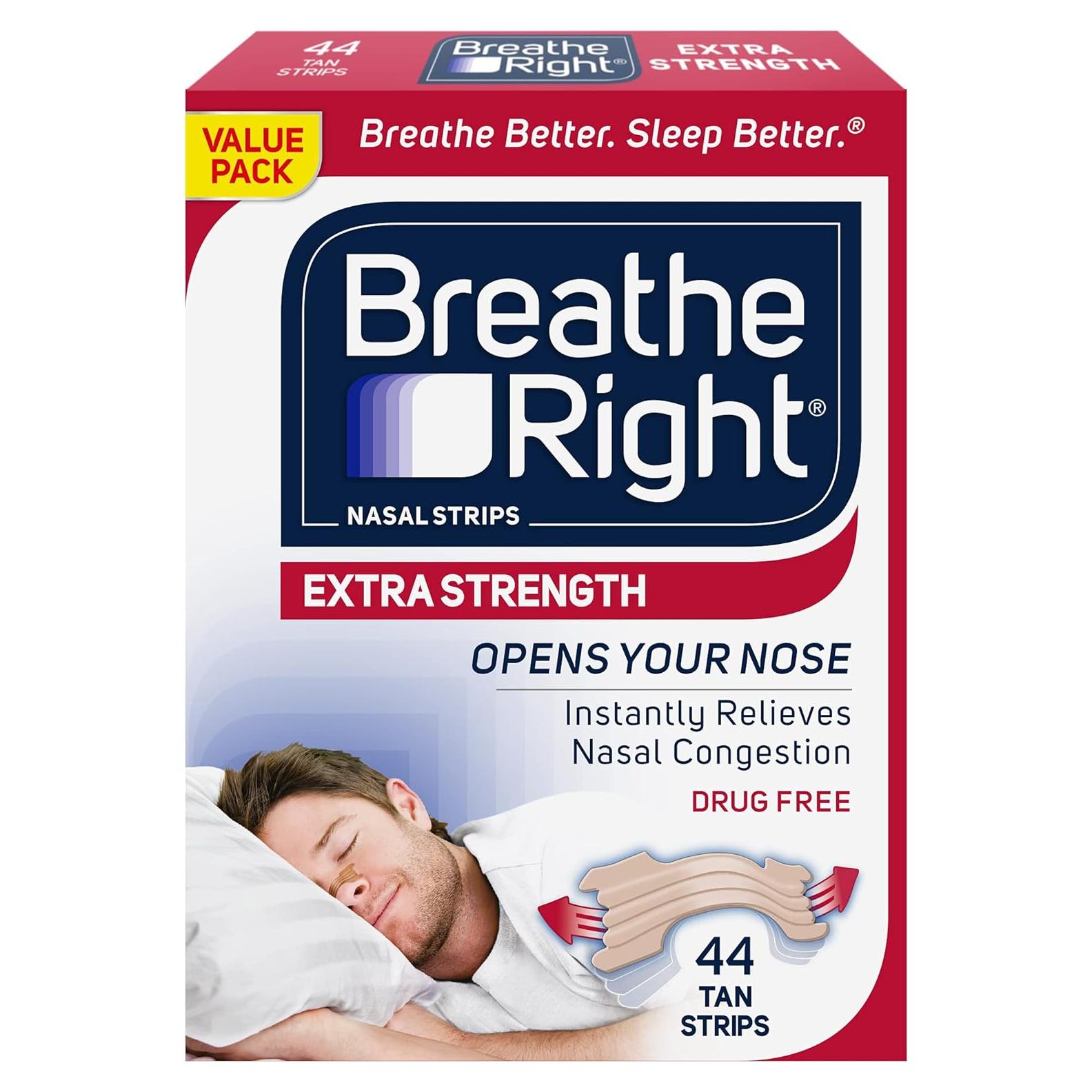 Extra Strength Tan Nasal Strips, Nasal Congestion Relief due to Colds & Allergies, Reduces Nasal Snoring caused by Nasal Congestion, Drug-Free, 44 count
