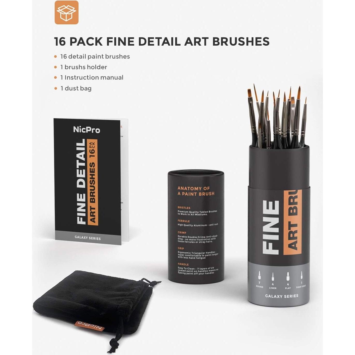 Juego de 16 Pinceles de Detalle Nicpro - Punta Fina para Acrílico y Acuarela