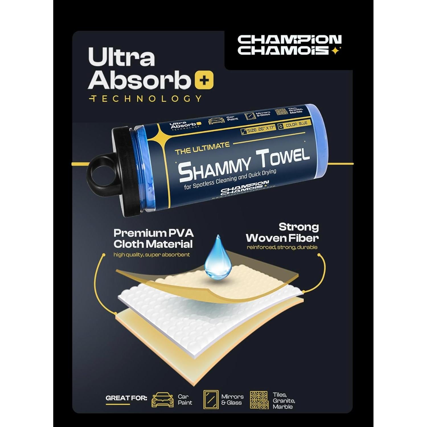 Toalla Shammy Grande Champion Azul 66x43cm - Súper Absorbente