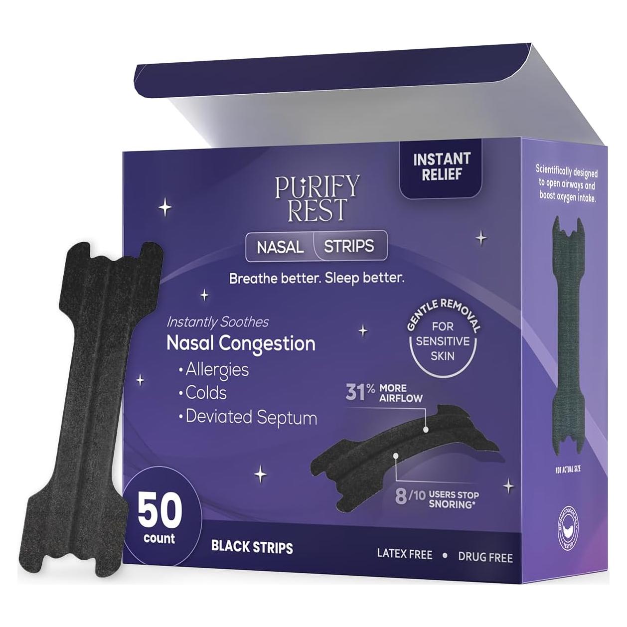 Tiras Nasales Purify Rest para Ronquidos - 50 Unidades