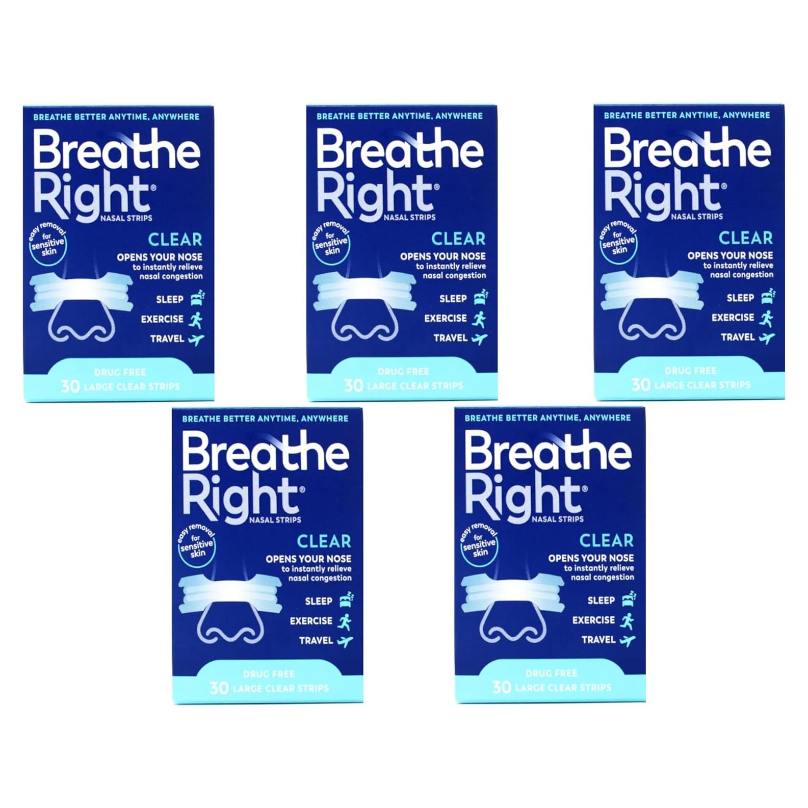 Tiras Nasales Breathe Right Transparentes Piel Sensible 30 Unidades