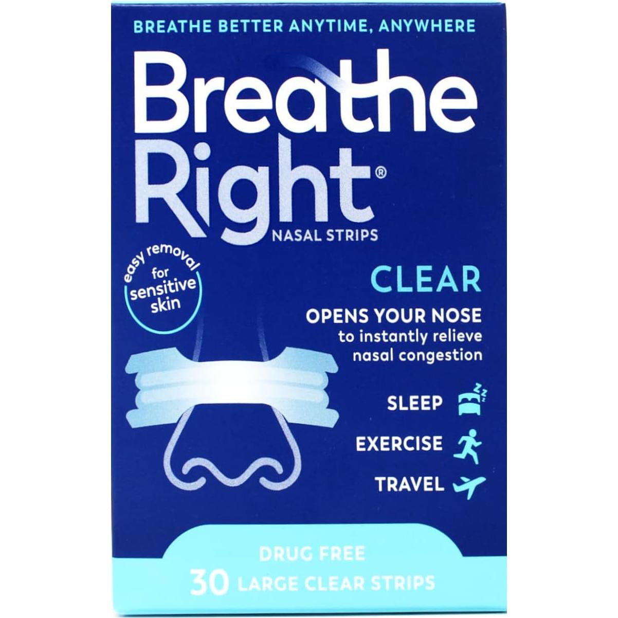 Tiras Nasales Breathe Right Transparentes Piel Sensible 30 Unidades