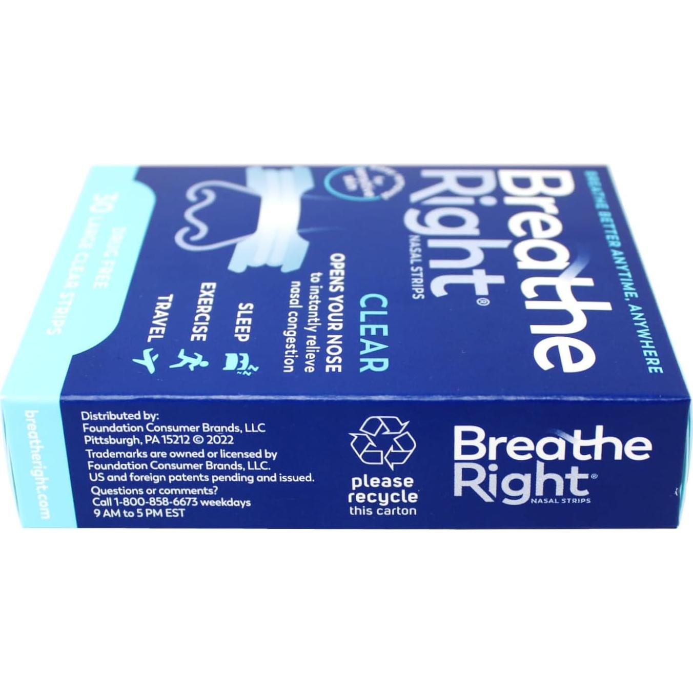 Tiras Nasales Breathe Right Transparentes Piel Sensible 30 Unidades