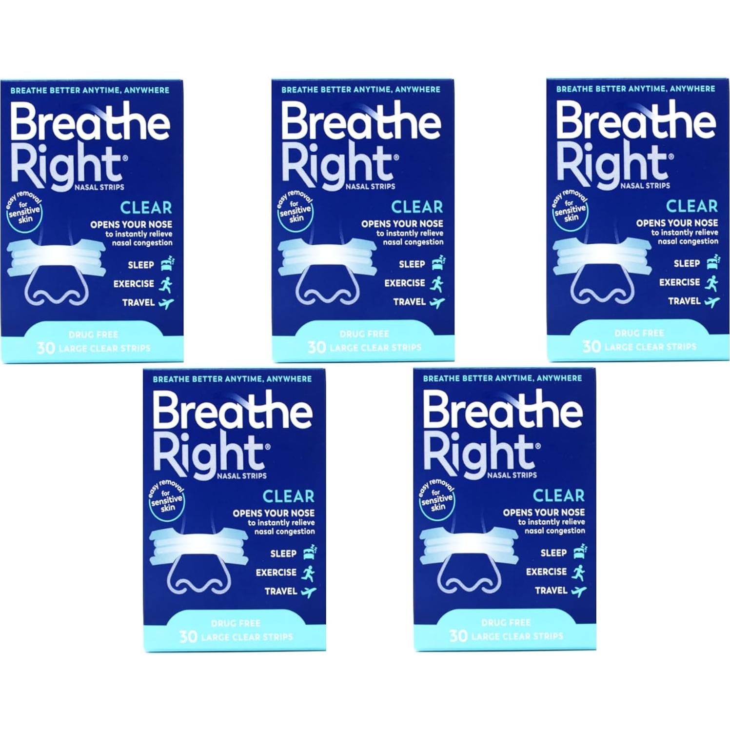 Tiras Nasales Breathe Right Transparentes Piel Sensible 30 Unidades