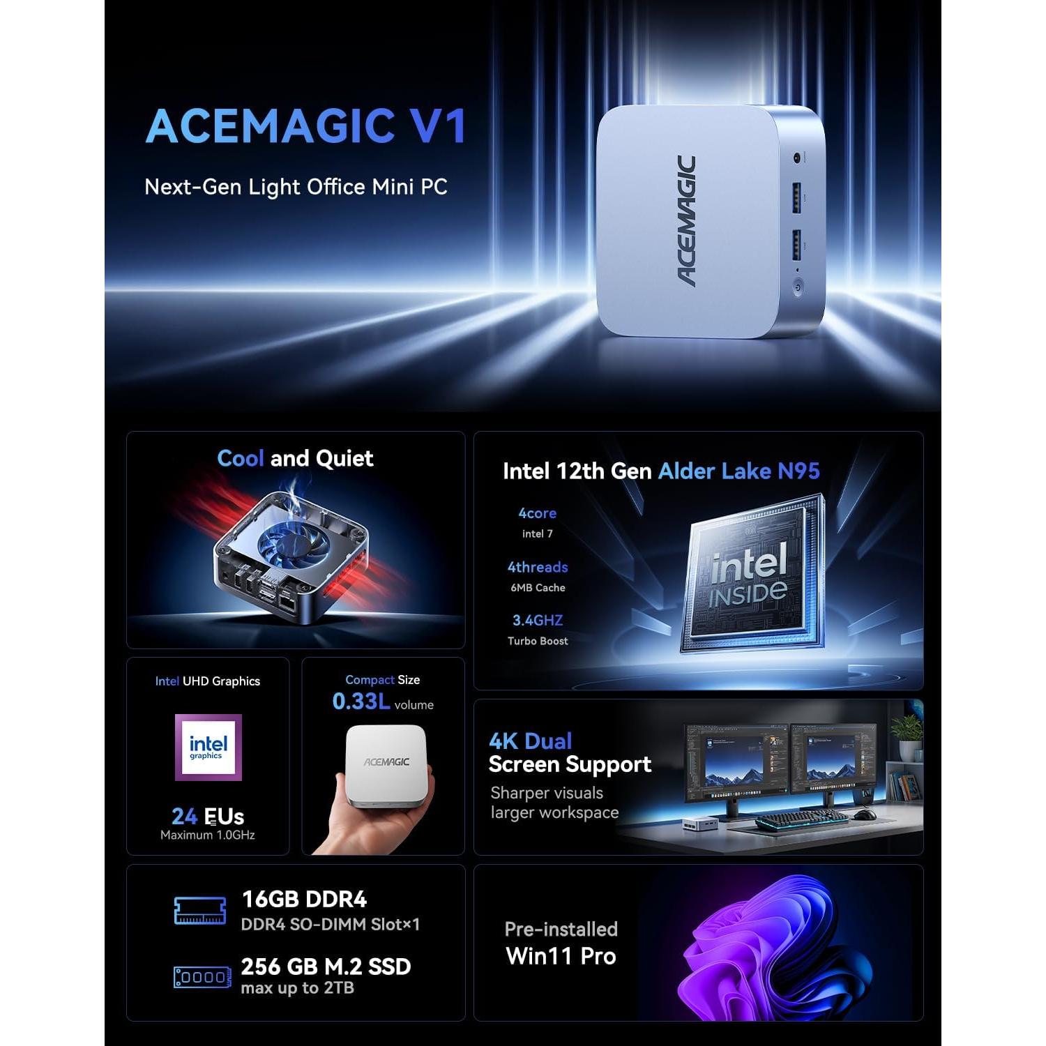 Mini PC ACEMAGIC V1, Intel N95, 16GB RAM, 256GB SSD, 4K