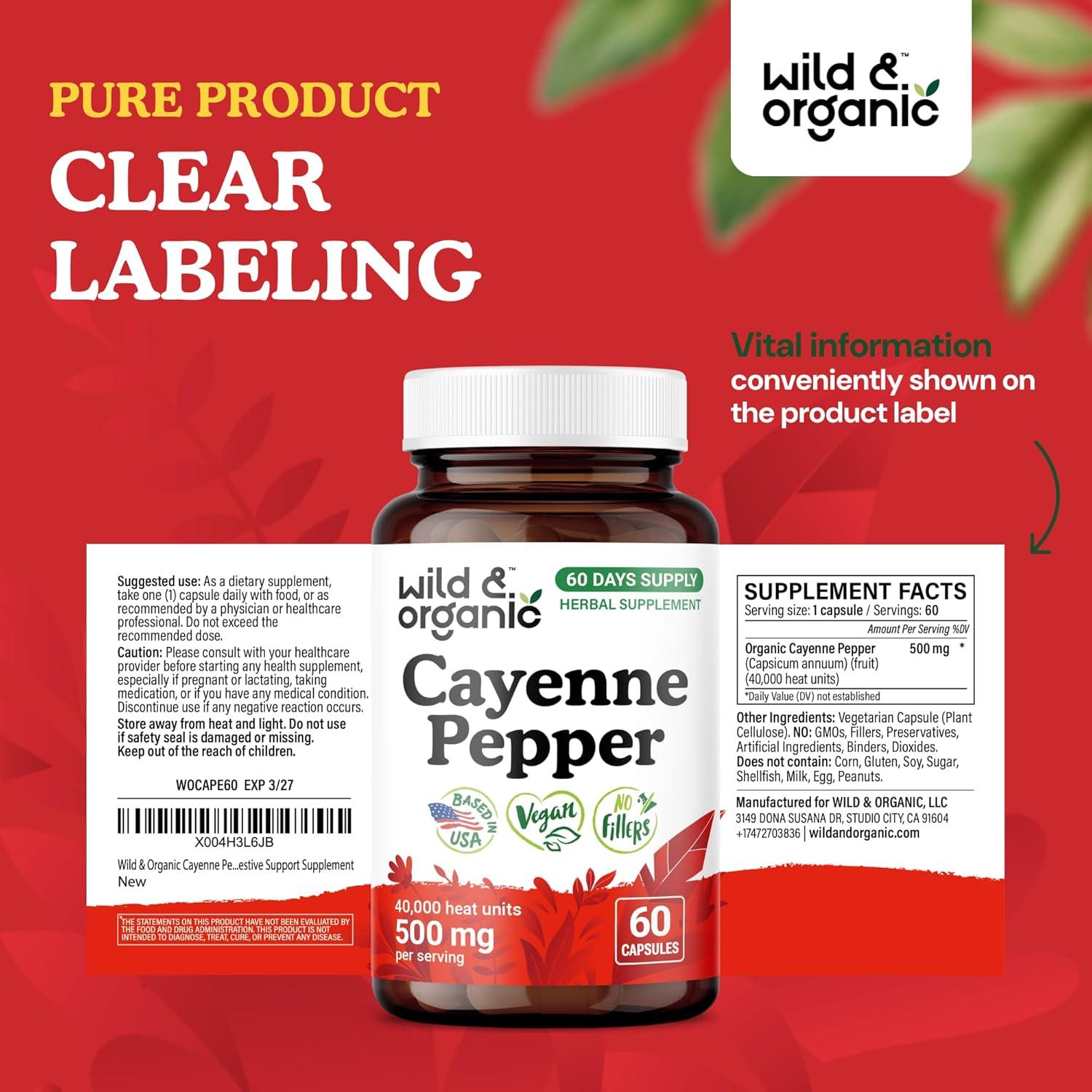 Cápsulas de Pimienta de Cayena Silvestre y Orgánica 500 mg - 60 Unidades