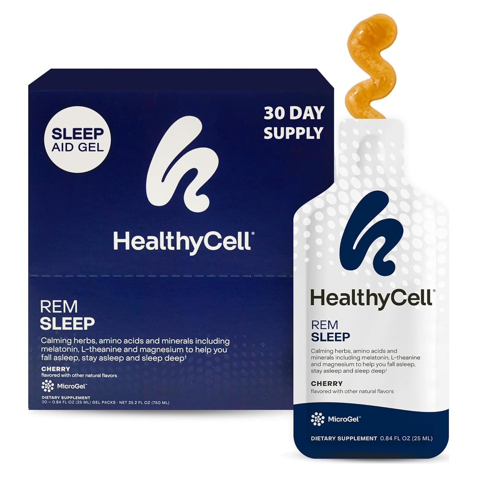 Healthycell REM Sleep Aid Supplement for Adults - Liquid Gel Extra Strength Sleep Supplement with Melatonin, Magnesium, L-Theanine, GABA & Natural Calming Herbs - 30 Gel Packs, Cherry Flavored