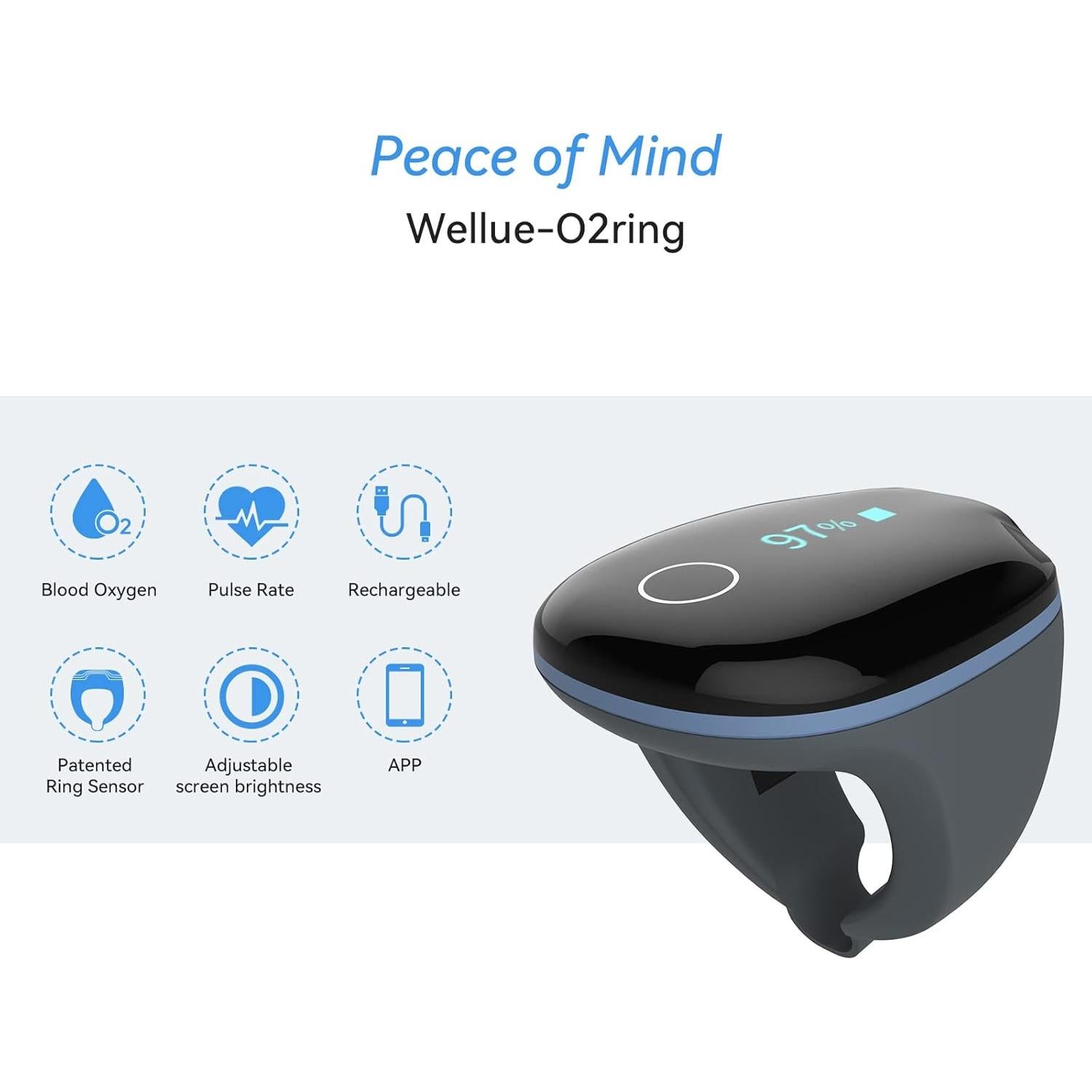 Oxímetro de Pulso Wellue O2ring Bluetooth Recargable 12.19x6.60cm