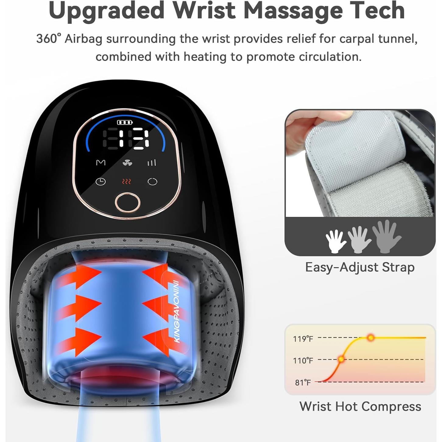 Masajeador de Manos KingPavonini Inalámbrico con Calor y Compresión