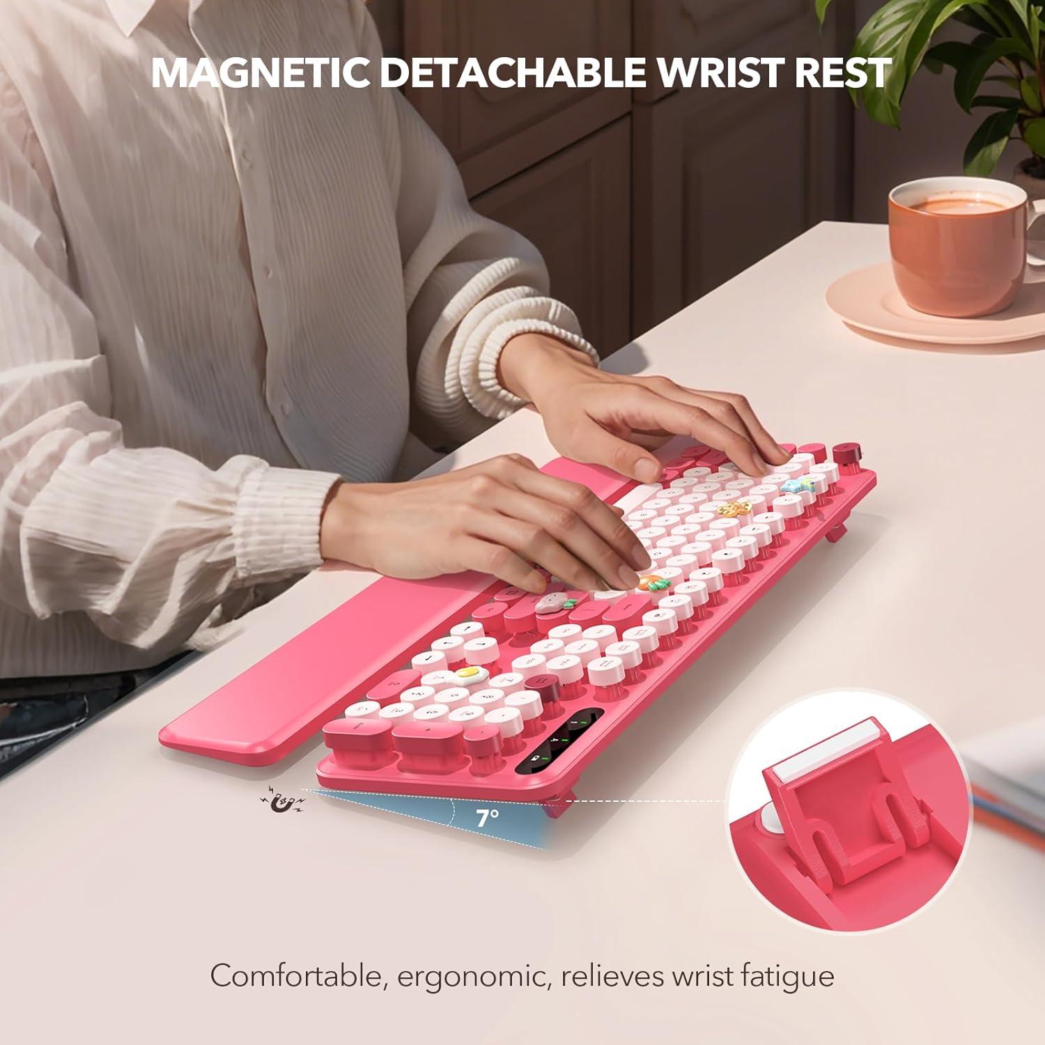 Teclado Inalámbrico Retro SABLUTE Rosa con Reposamuñecas